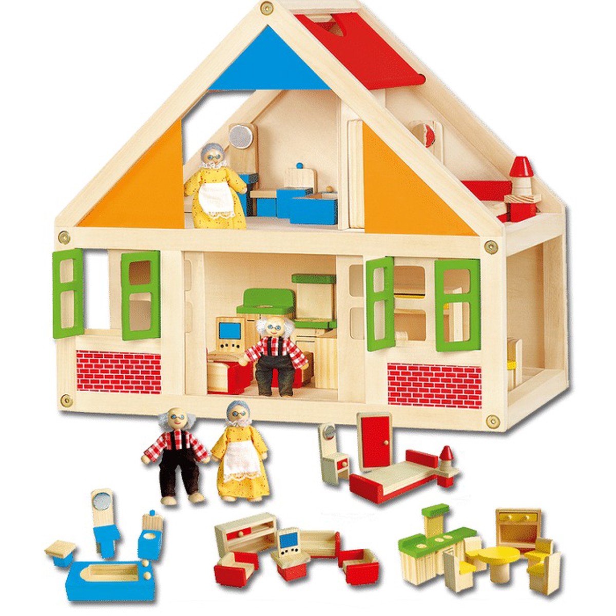 Viga Small Wooden Dolls House with Furniture & Dolls