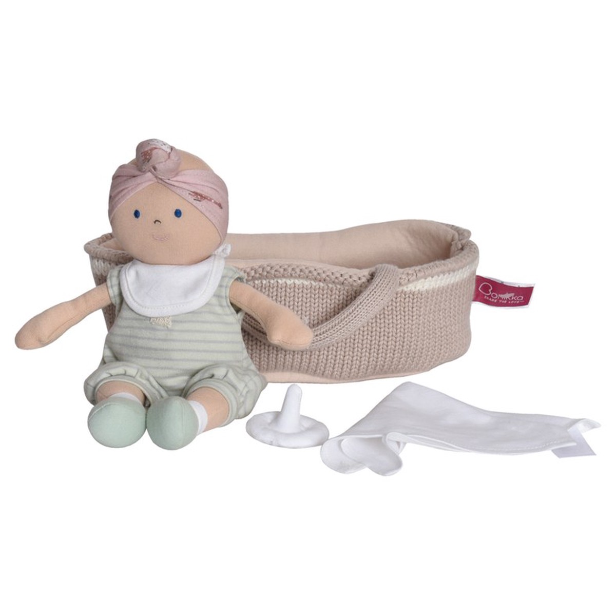 Bonikka Baby Doll with Green Outfit and Knitted Carry Cot Bassinet