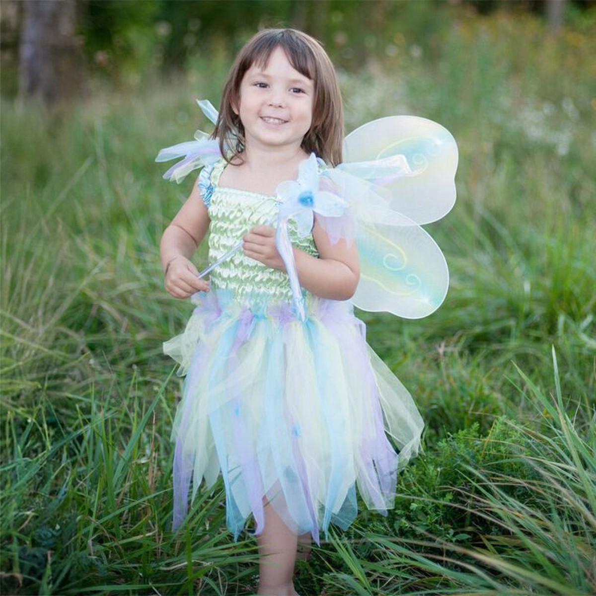 Great Pretenders Green Ruffles Butterfly Dress & Wings with Wand Kids Wonderland Fairytale Costume Set