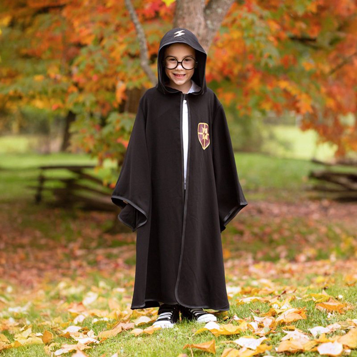 Great Pretenders Black Wizard Cloak with Glasses Kids Hooded Robe Costume Set