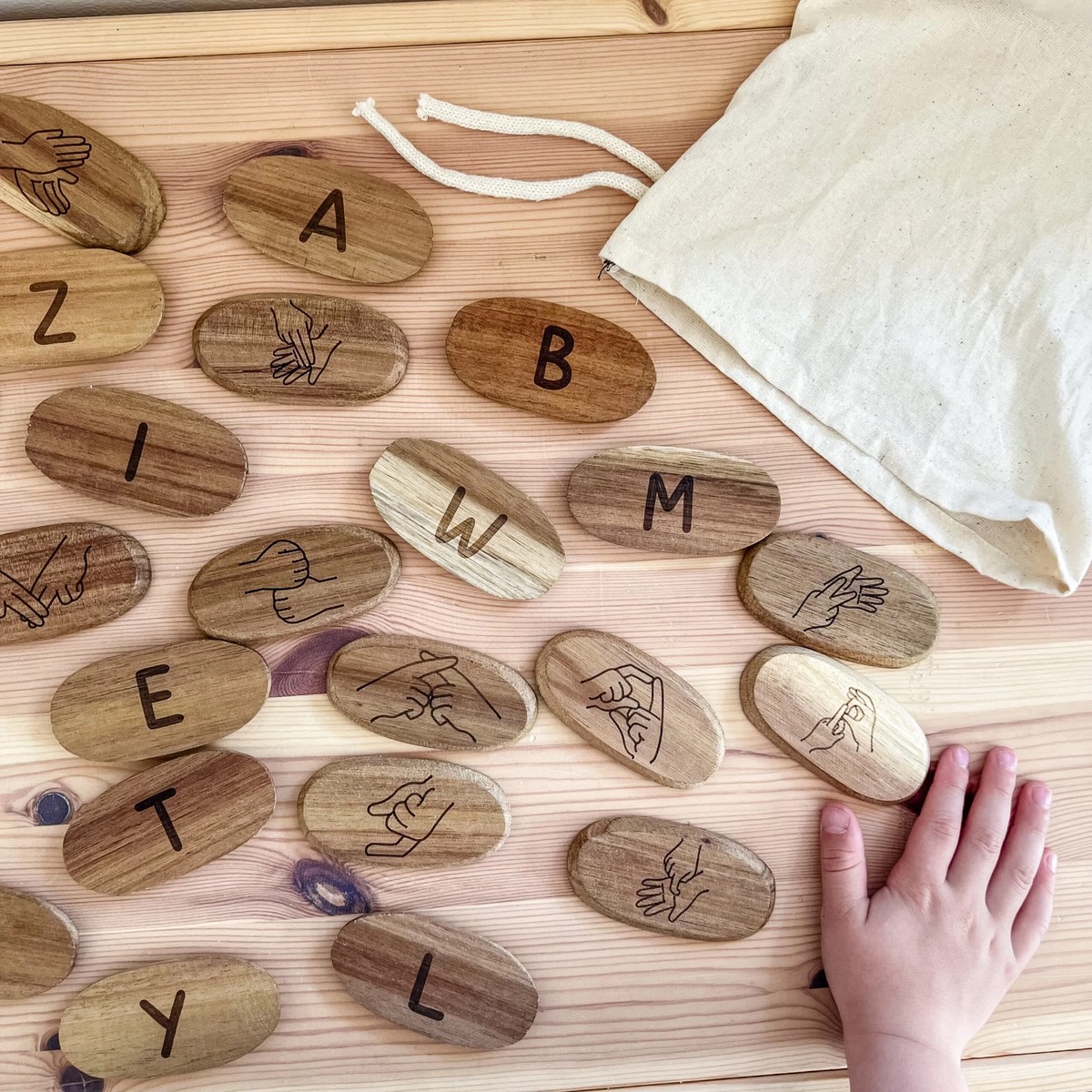 Wooden Sign Language Stones Set of 26